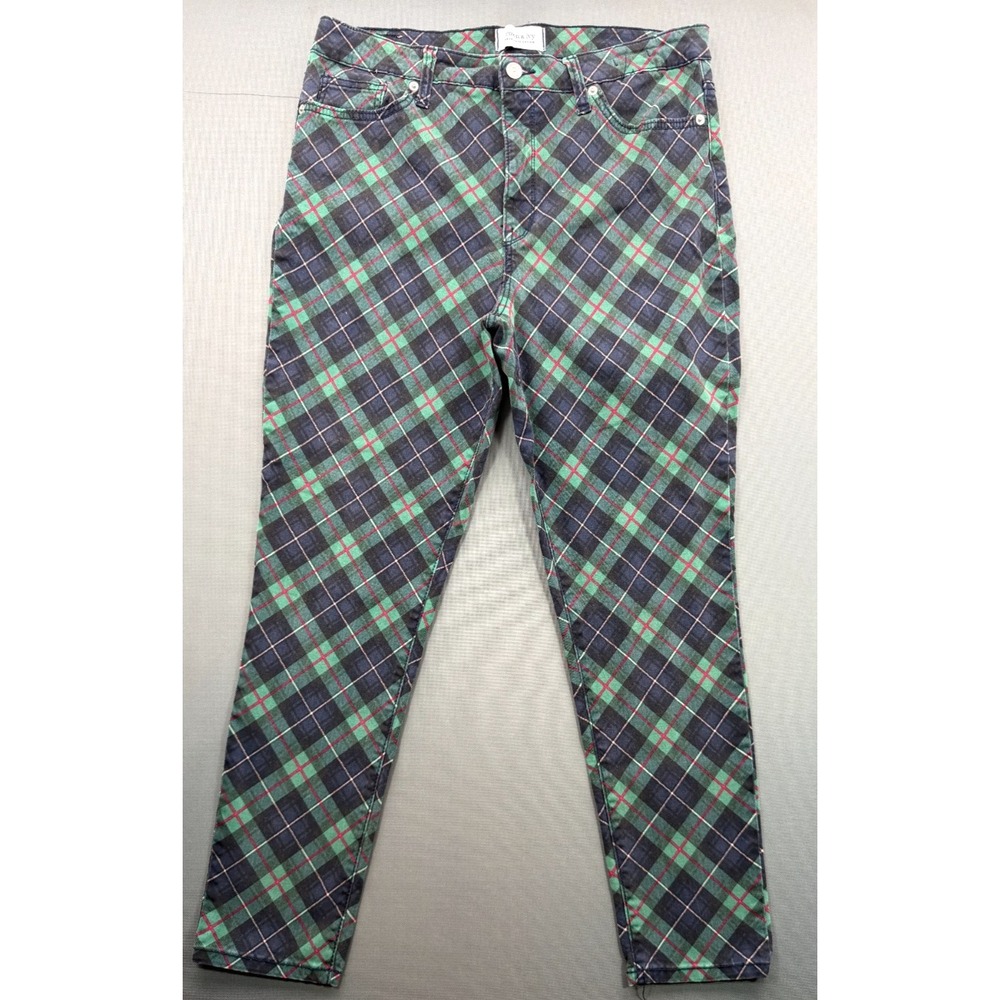 Crown & Ivy High Rise Skinny Pants Green Navy Plaid Stretch DCIB228 | Women's 12